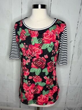 LuLaRoe Black Floral Tee with Red Roses and Striped Sleeves